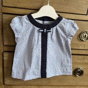 Jacadi Paris Toddler Girls Blue & Black Polka Dot Blouse with Cap Sleeves - 18M